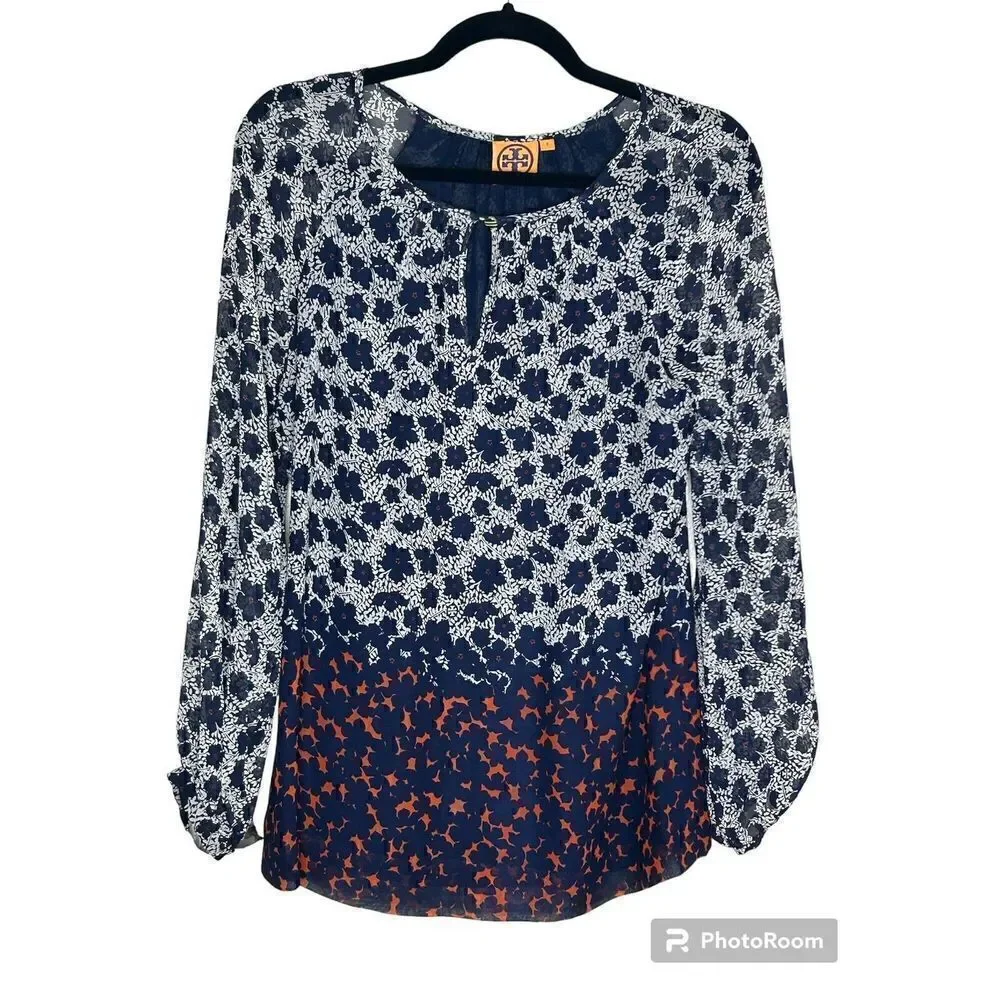 Tory Burch Womens Blouse Blue Floral Long Sleeve Button Cuff Keyhole Neck Top 2
